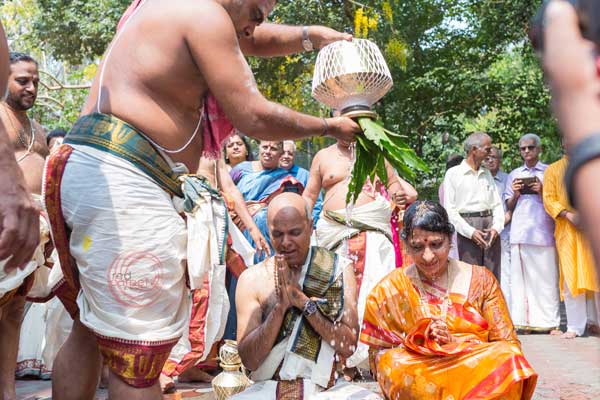 brahmin ritual the couple blessed with holy water 
